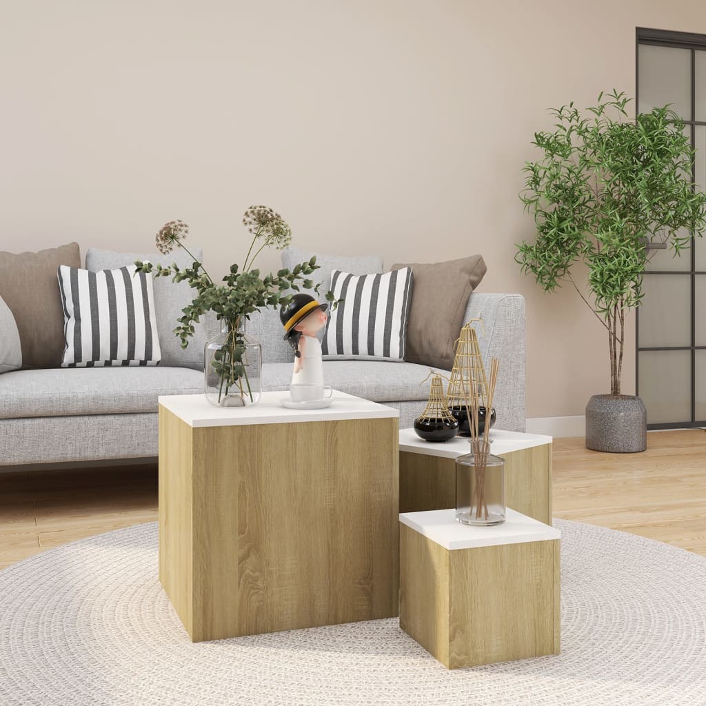 Berkfield Side Tables 3 pcs White and Sonoma Oak Engineered Wood