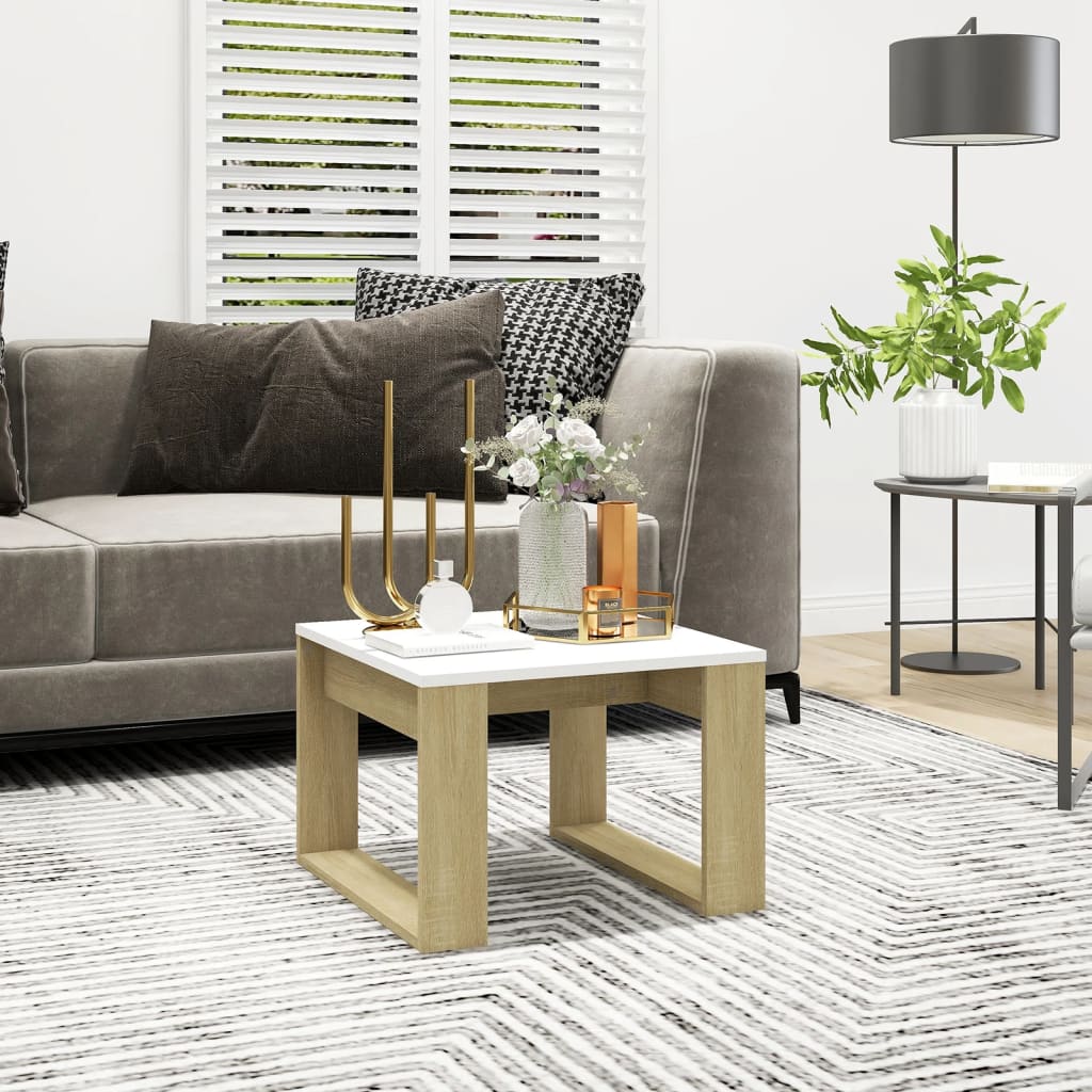 Berkfield Side Table Sonoma Oak and White 50x50x35 cm Engineered Wood