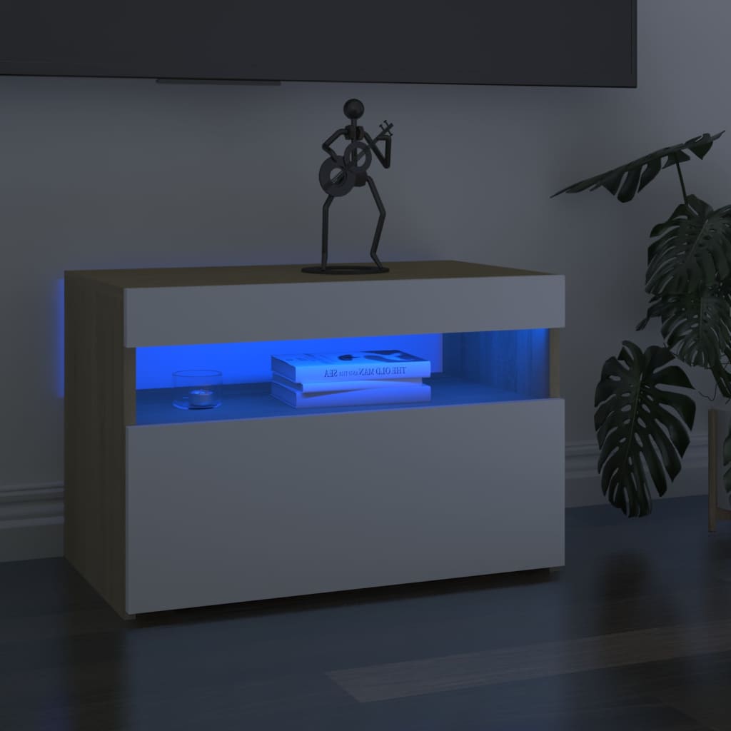 Berkfield Bedside Cabinet & LED Lights White and Sonoma Oak 60x35x40 cm
