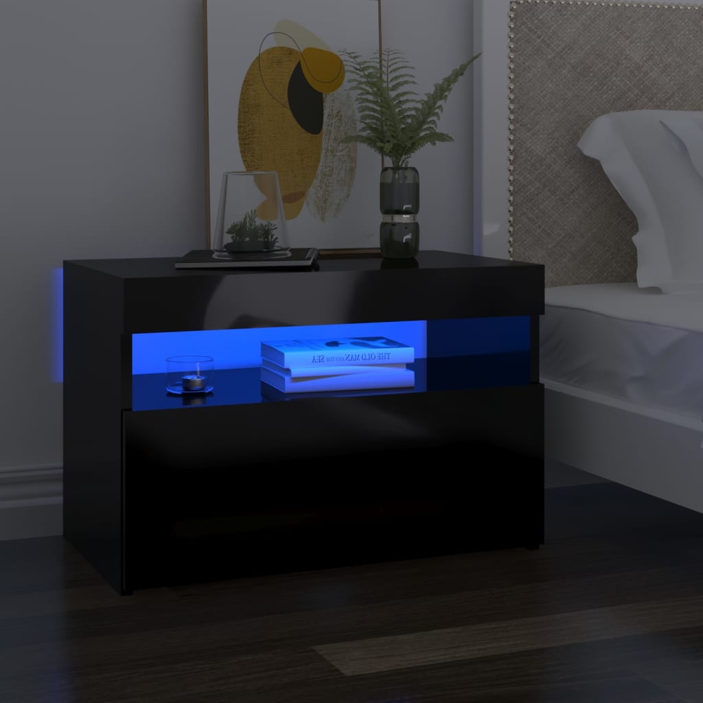 Berkfield Bedside Cabinet & LED Lights High Gloss Black 60x35x40 cm