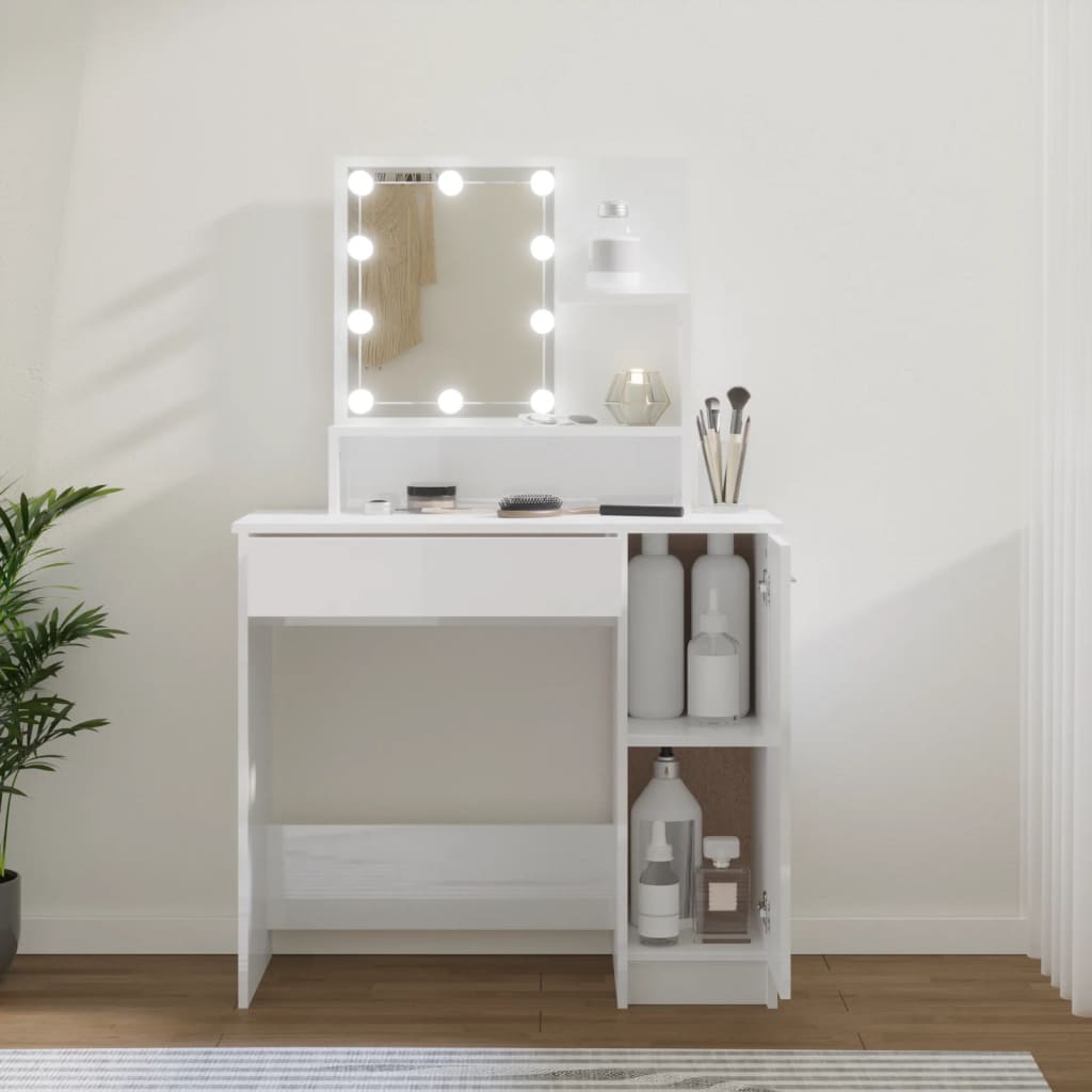 Berkfield Dressing Table with LED High Gloss White 86.5x35x136 cm