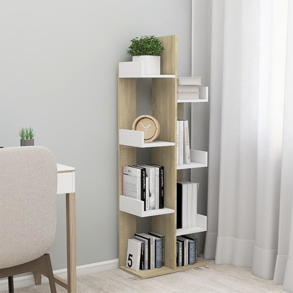 Berkfield Book Cabinet White and Sonoma Oak 48x25.5x140 cm Engineered Wood