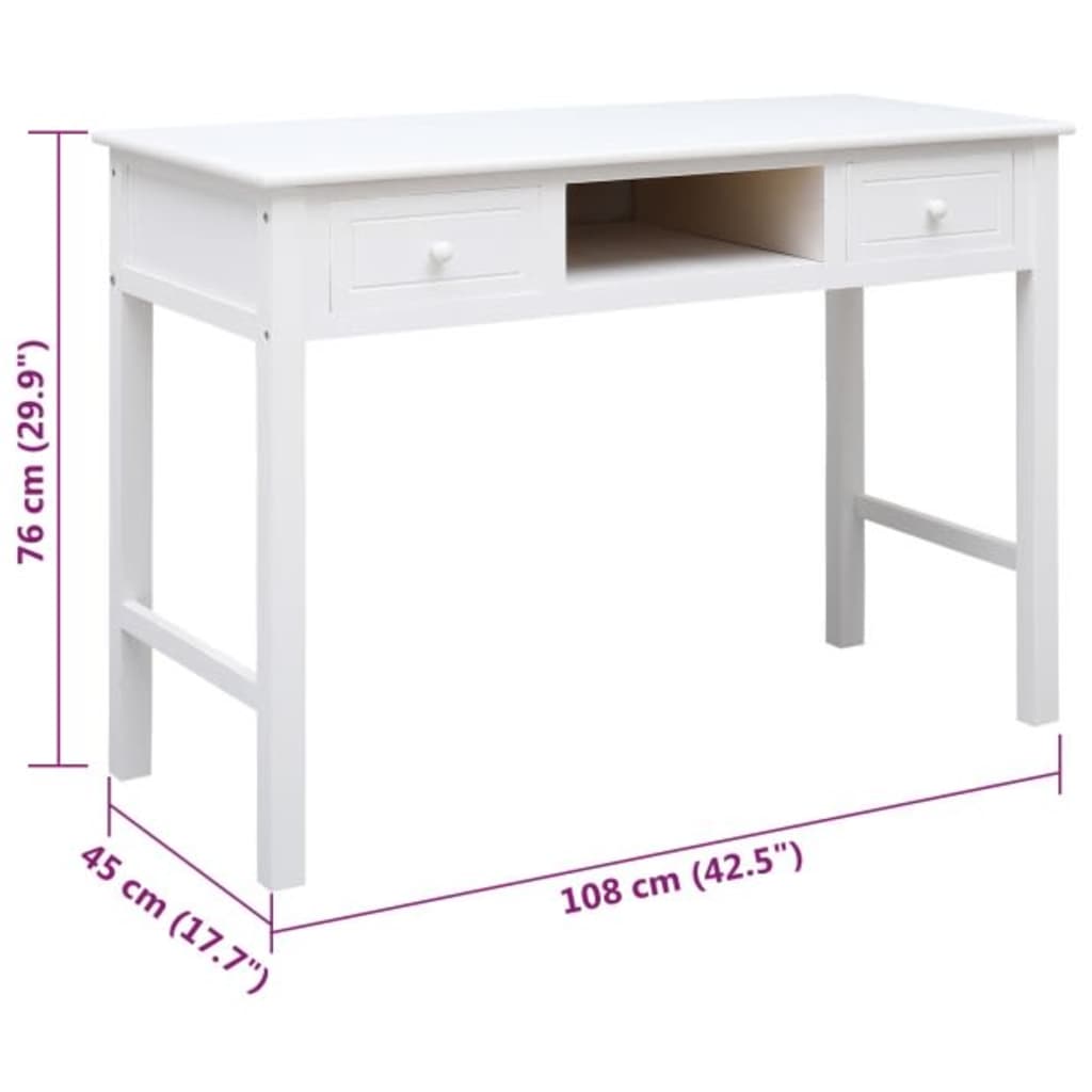 Berkfield Desk White 108x45x76 cm Solid Wood Paulownia