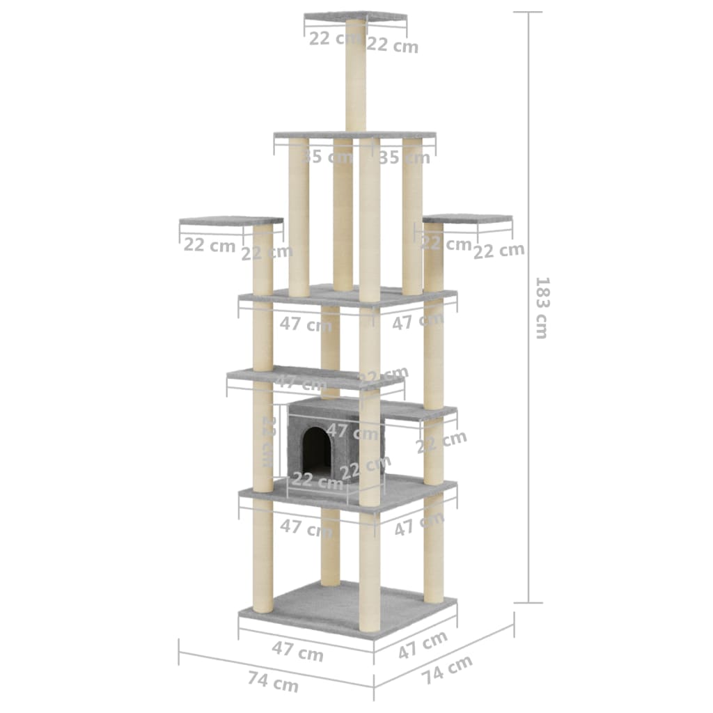 Berkfield Cat Tree with Sisal Scratching Posts Light Grey 183 cm