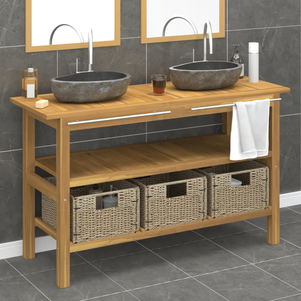 Berkfield Bathroom Vanity Cabinet with River Stone Sinks Solid Wood Teak