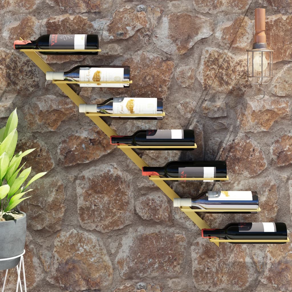 Berkfield Wall-mounted Wine Rack for 7 Bottles Gold Metal