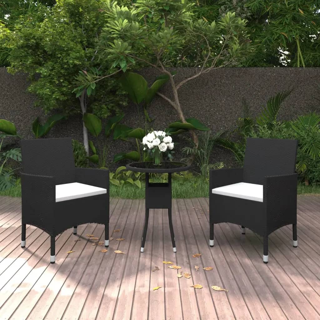 Berkfield 3 Piece Garden Bistro Set Poly Rattan and Tempered Glass Black