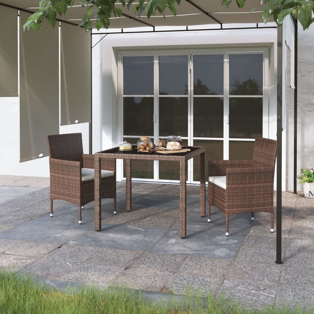 Berkfield 3 Piece Garden Dining Set Poly Rattan and Tempered Glass Brown