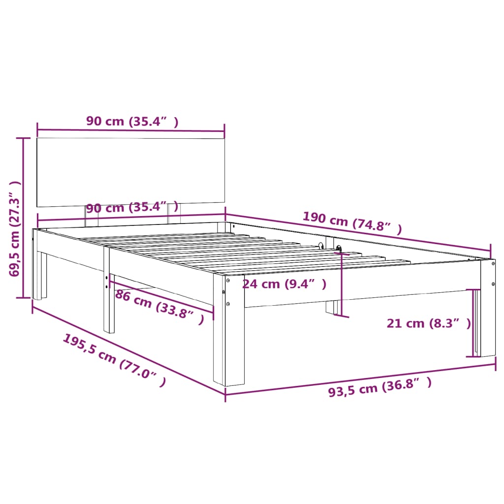 Berkfield Bed Frame Black Solid Wood 90x190 cm Single