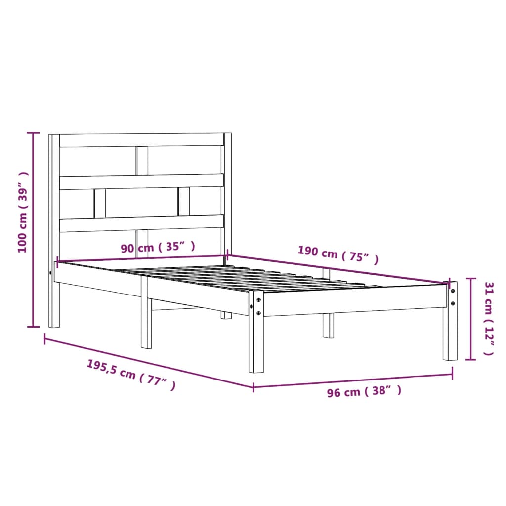 Berkfield Bed Frame Black 90x190 cm Single Solid Wood