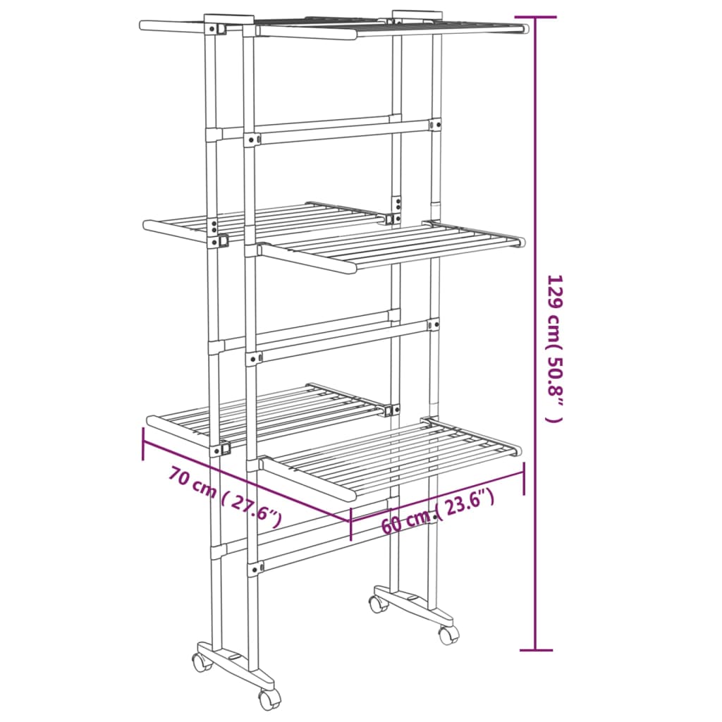 Berkfield 3-Tier Laundry Drying Rack with Wheels Silver 60x70x129 cm