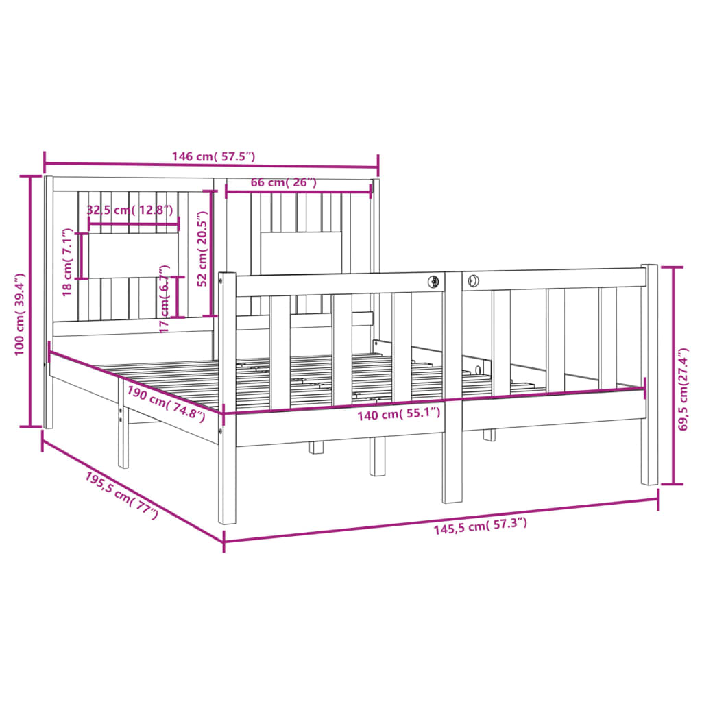 Berkfield Bed Frame Grey Solid Wood 140x190 cm