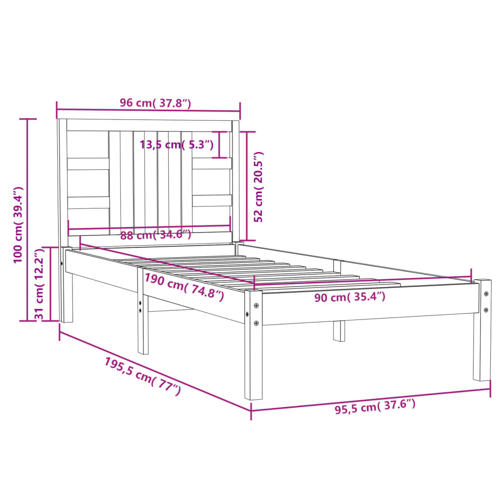 Berkfield Bed Frame Black Solid Wood 90x190 cm Single