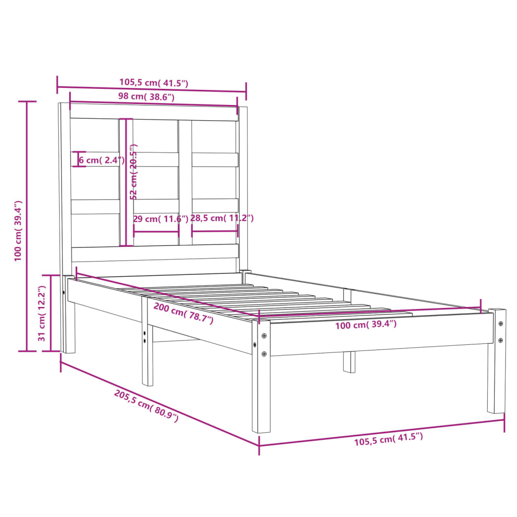 Berkfield Bed Frame Black Solid Wood 100x200 cm