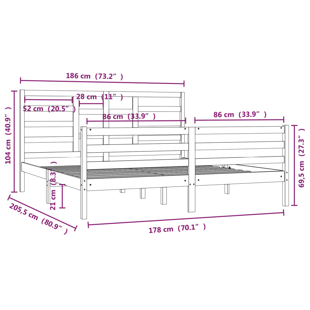 Berkfield Bed Frame Black Solid Wood 180x200 cm Super King Size