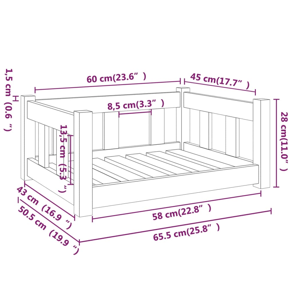 Berkfield Dog Bed Grey 65.5x50.5x28 cm Solid Wood Pine