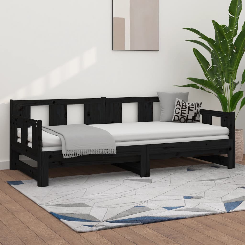Berkfield Pull-out Day Bed Black Solid Wood Pine 2x(90x190) cm