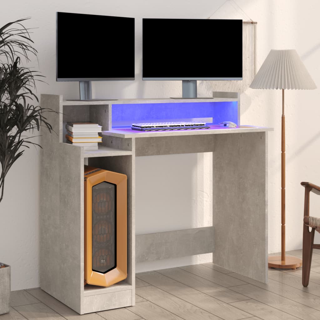 Berkfield Desk with LED Lights Concrete grey 97x45x90 cm Engineered Wood