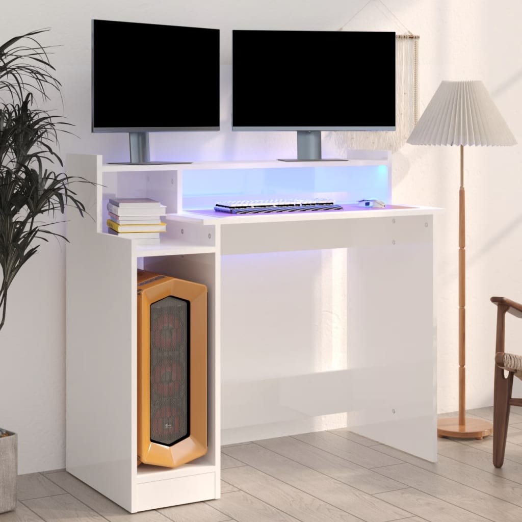 Berkfield Desk with LED Lights High Gloss White 97x45x90 cm Engineered Wood