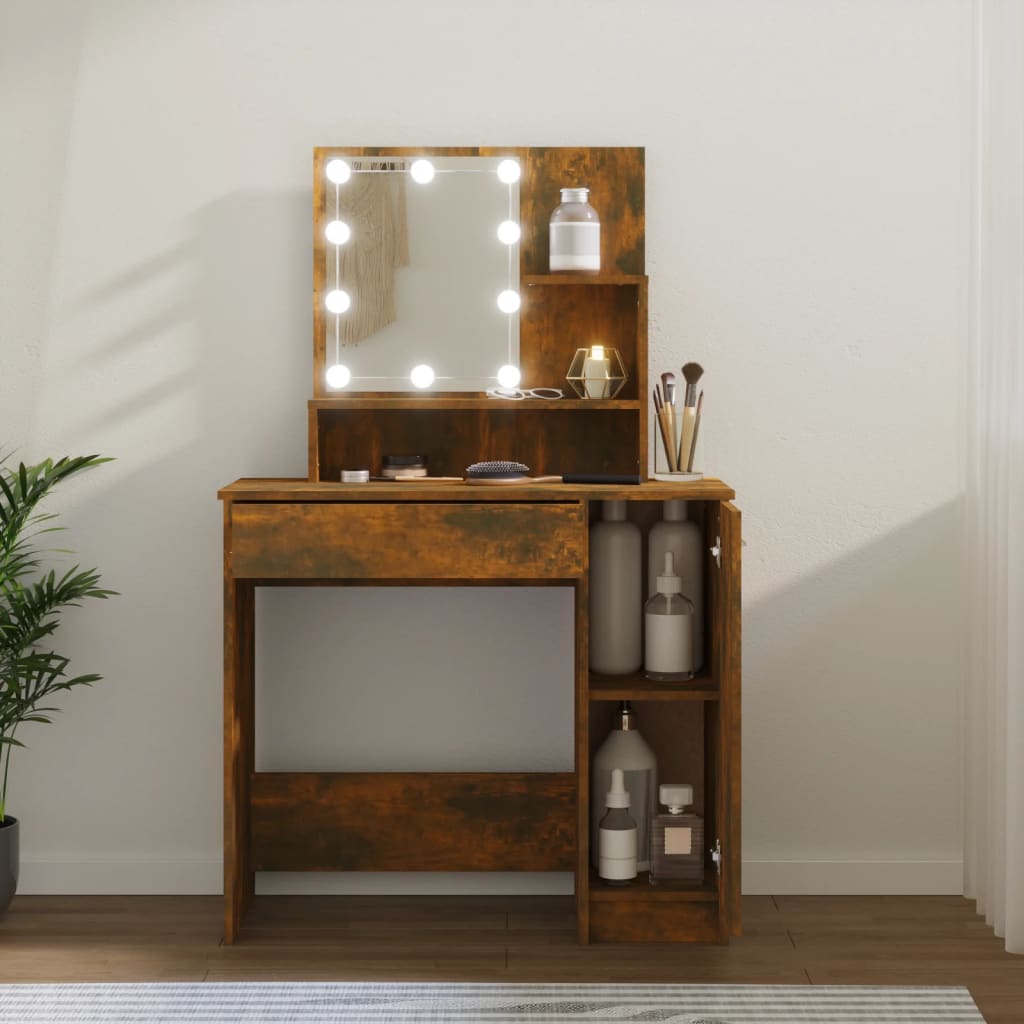 Berkfield Dressing Table with LED Smoked Oak 86.5x35x136 cm