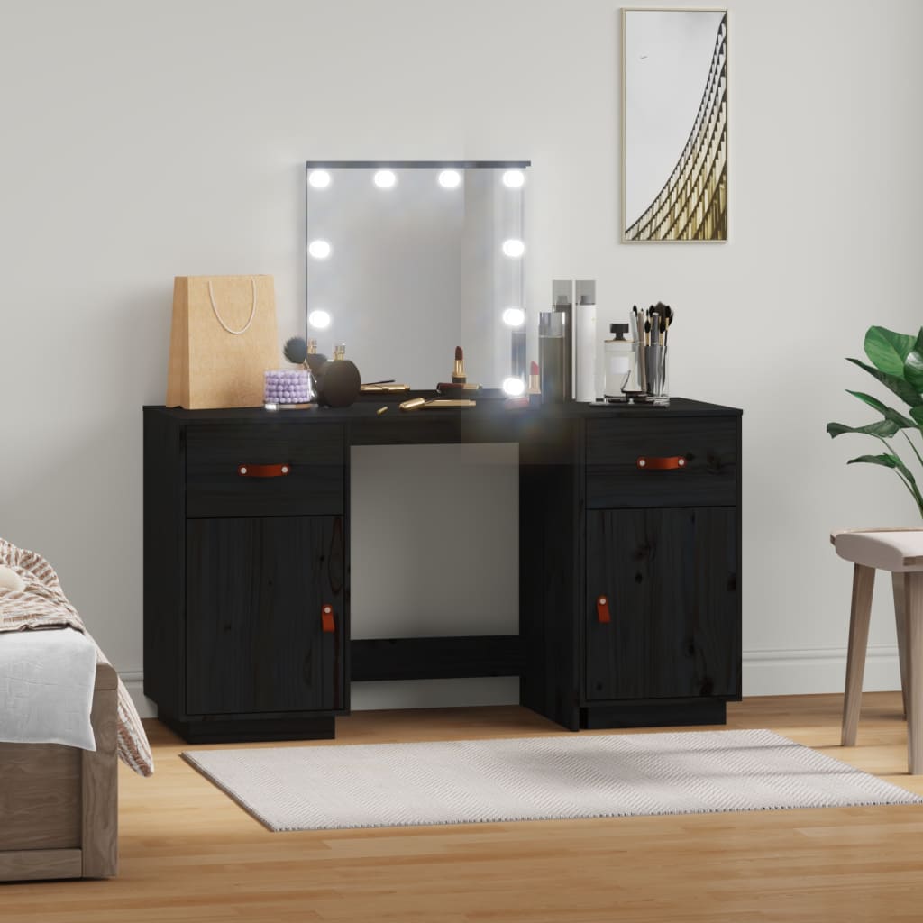 Berkfield Dressing Table Set with LED Black Solid Wood Pine