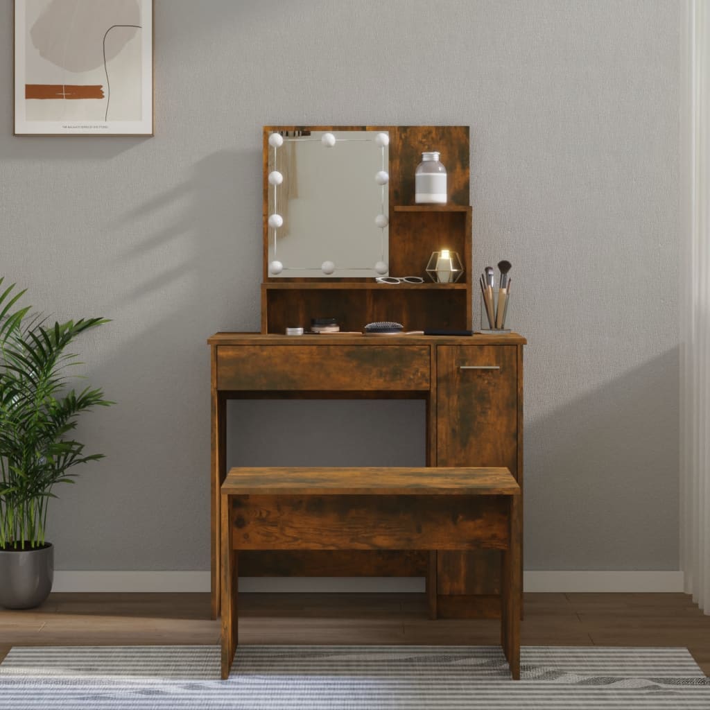 Berkfield Dressing Table Set with LED Smoked Oak Engineered Wood