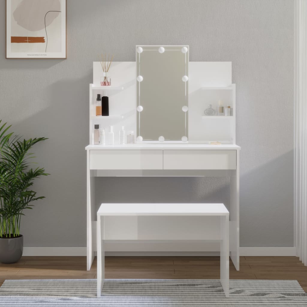 Berkfield Dressing Table Set with LED High Gloss White Engineered Wood