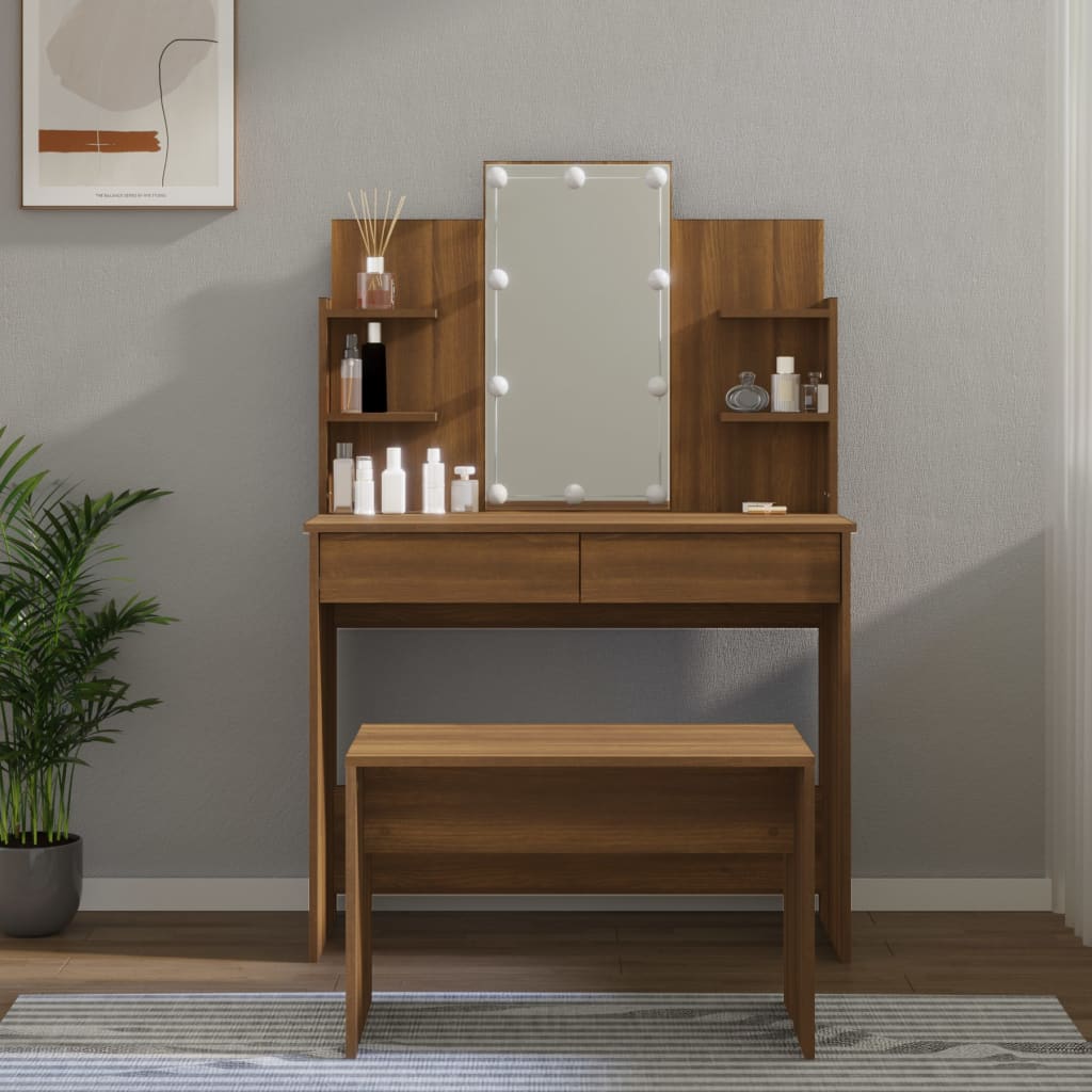 Berkfield Dressing Table Set with LED Brown Oak Engineered Wood