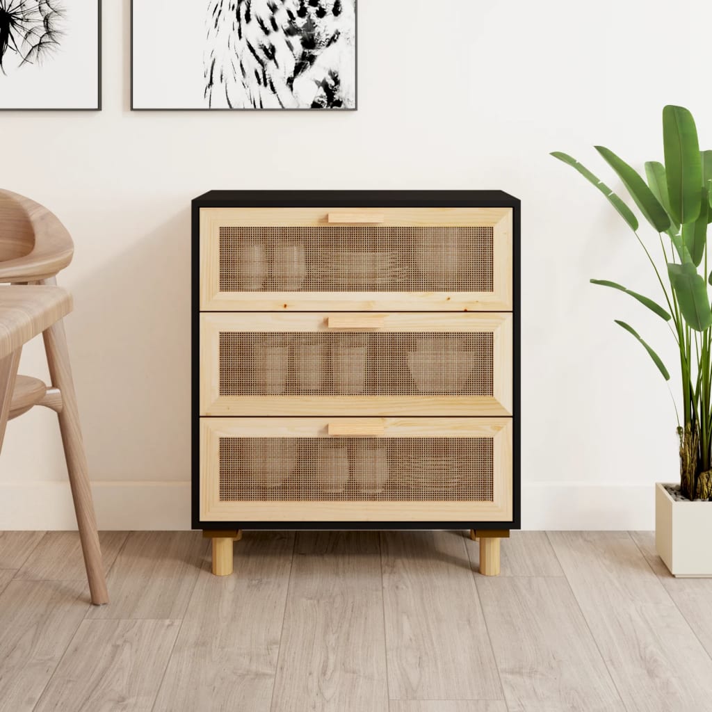 Berkfield Sideboard Black 60x30x70 cm Solid Wood Pine and Natural Rattan
