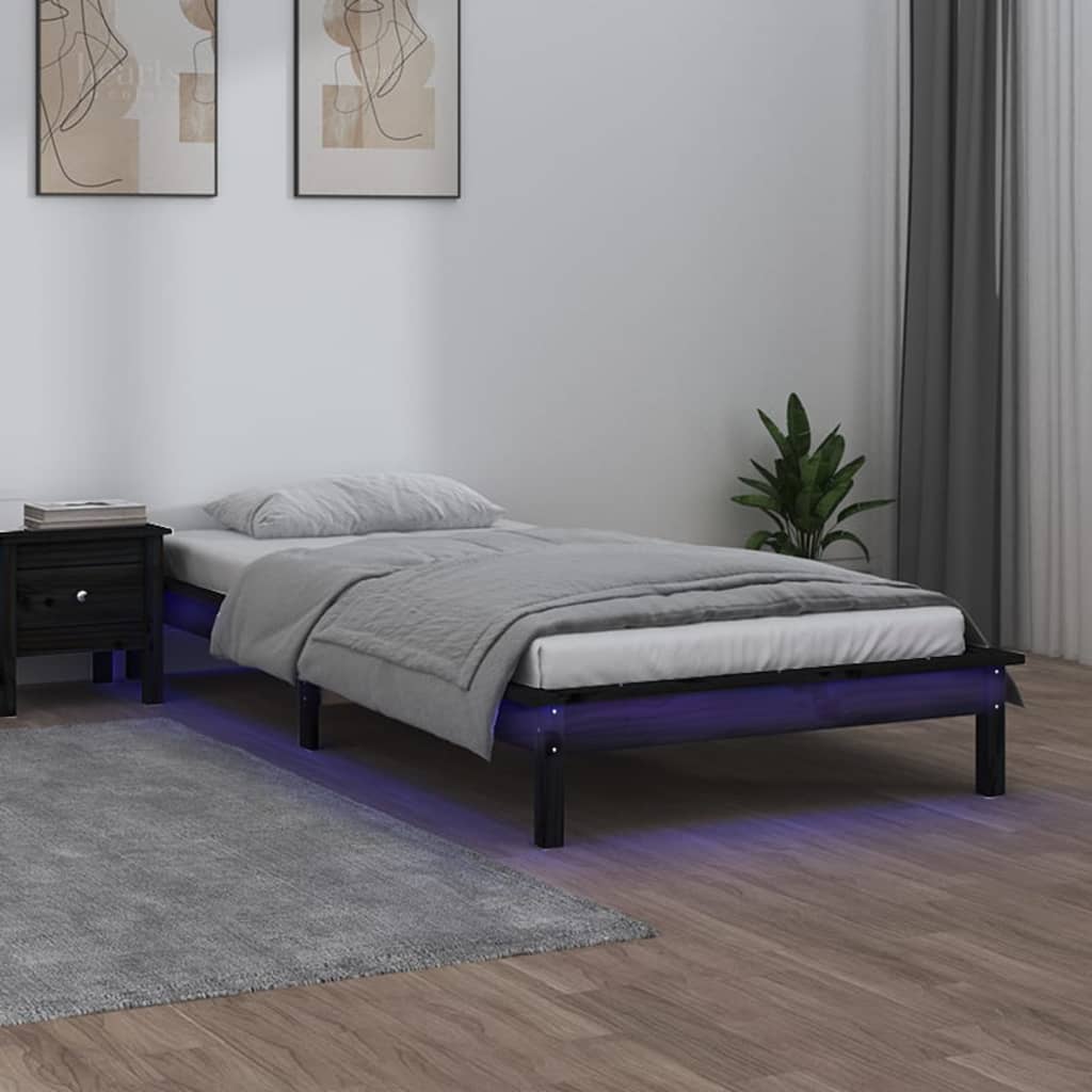 Berkfield LED Bed Frame Black 90x200 cm Solid Wood