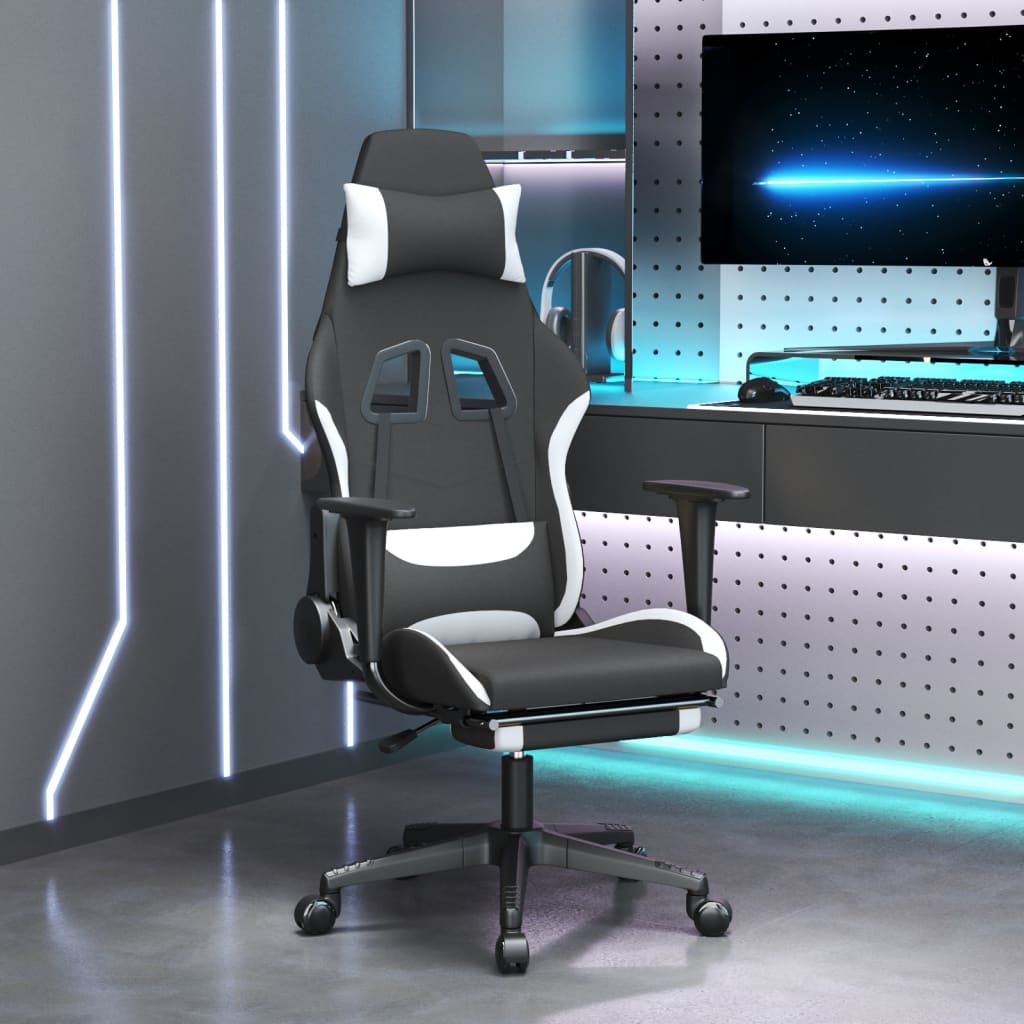 Berkfield Swivel Gaming Chair with Footrest Black and White Fabric