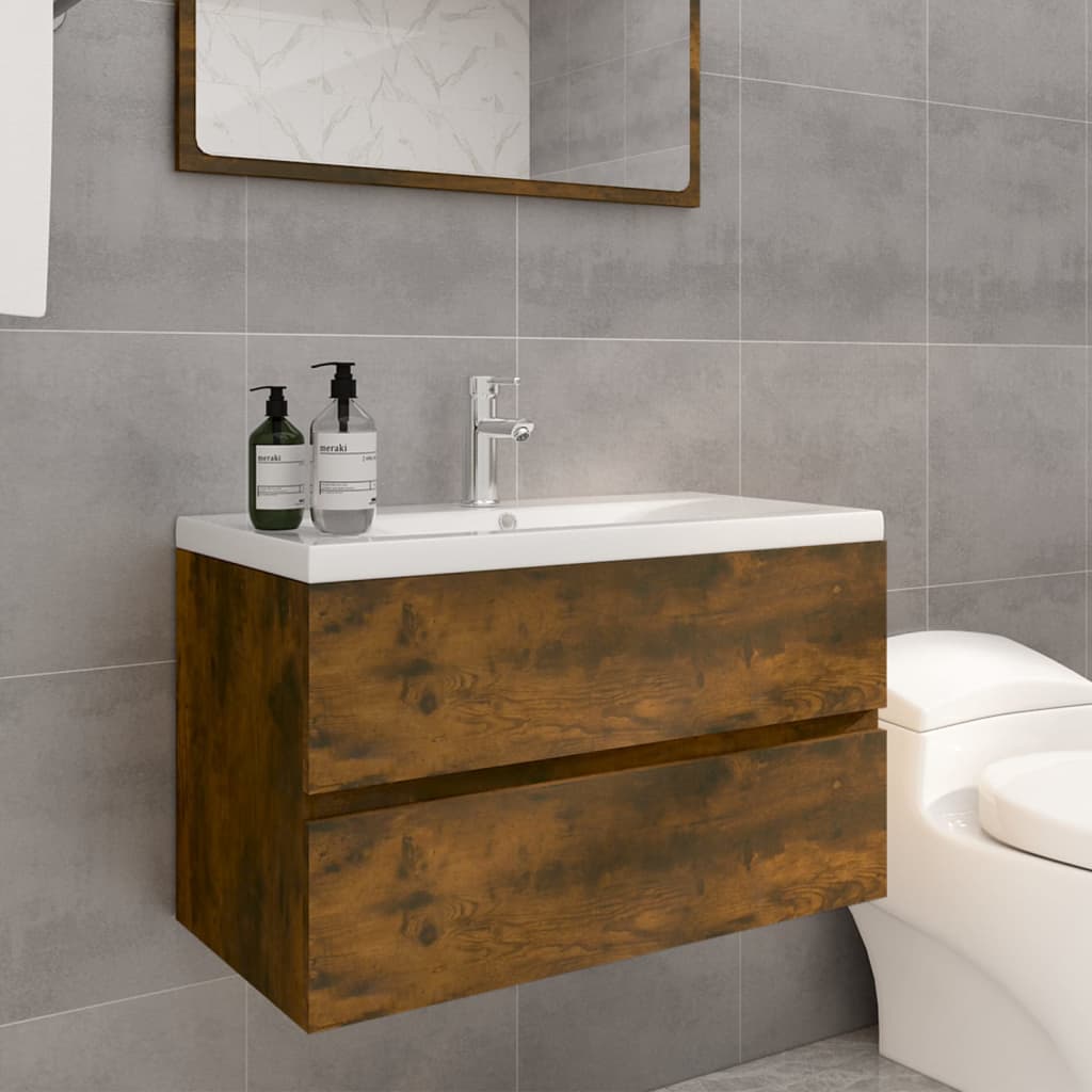 Berkfield Sink Cabinet with Built-in Basin Smoked Oak Engineered Wood