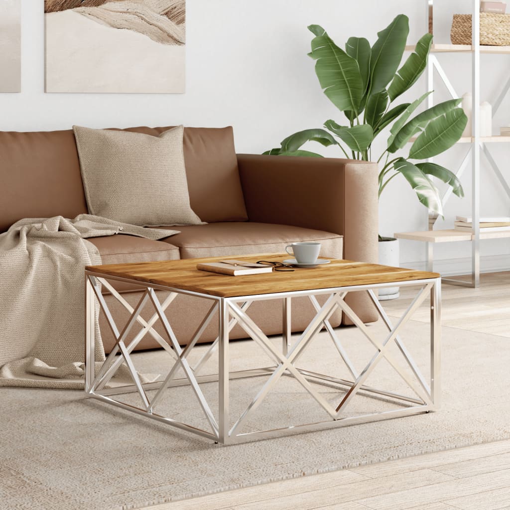 Berkfield Coffee Table Silver Stainless Steel and Solid Wood Acacia
