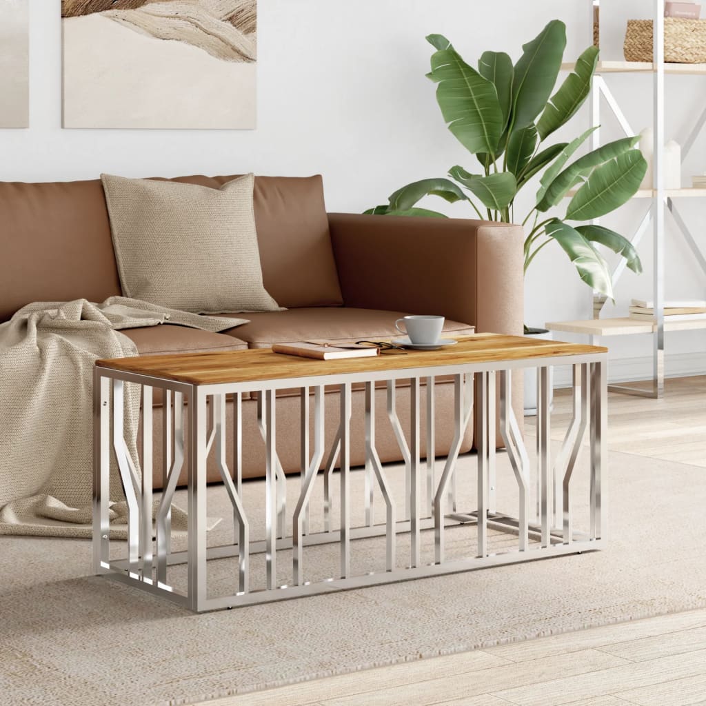 Berkfield Coffee Table Silver Stainless Steel and Solid Wood Acacia