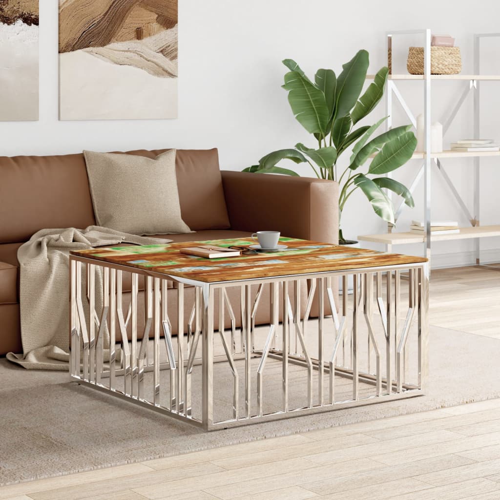 Berkfield Coffee Table Silver Stainless Steel and Solid Wood Reclaimed