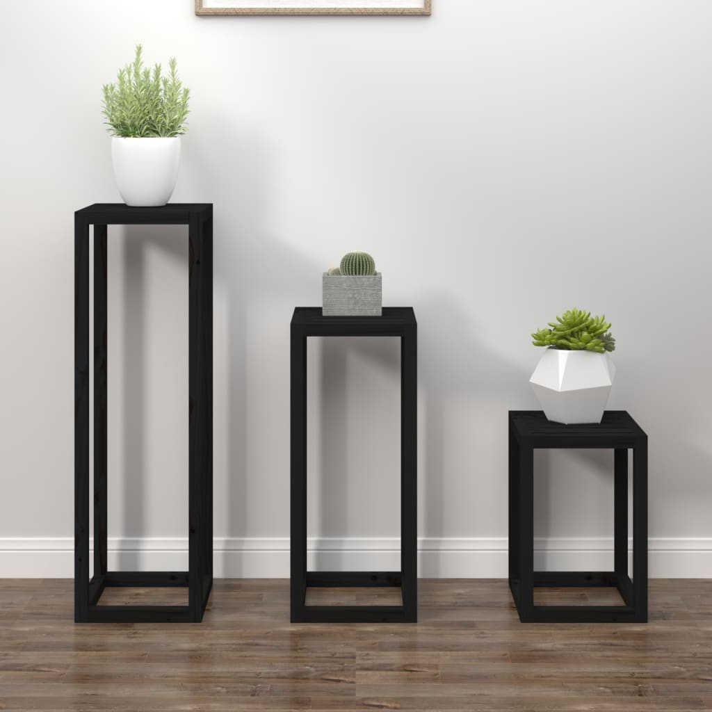 Berkfield 3 Piece Plant Stand Set Black Solid Wood Pine