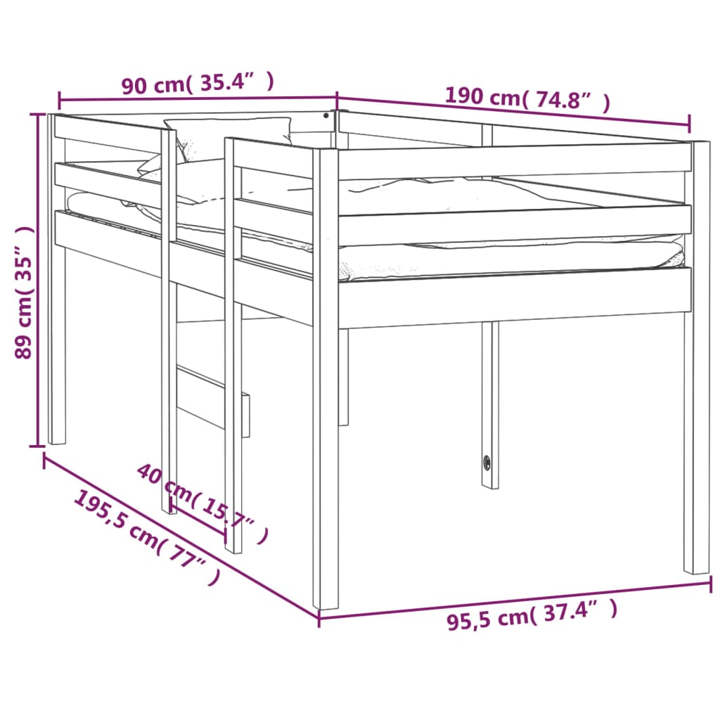 Berkfield High Sleeper Bed 90x190 cm 3FT Single Solid Wood Pine