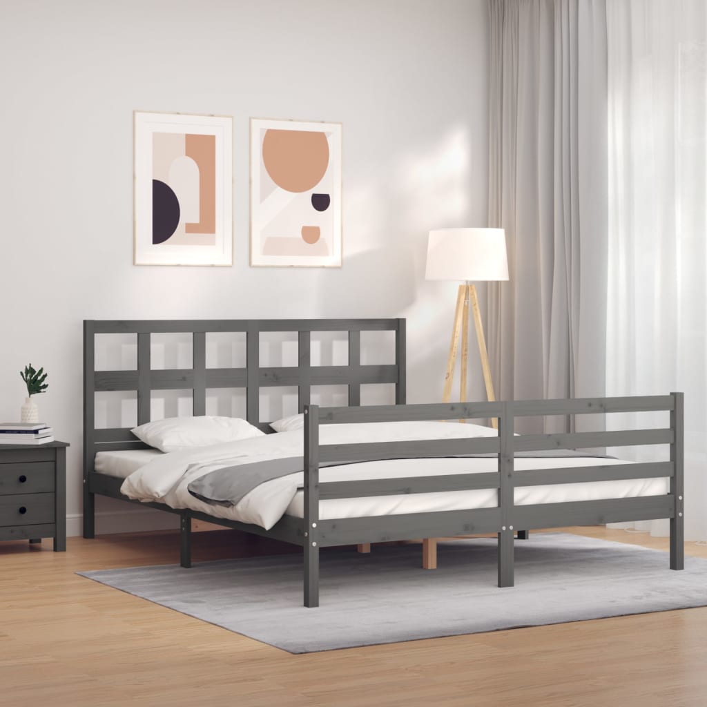 Berkfield Bed Frame with Headboard Grey King Size Solid Wood