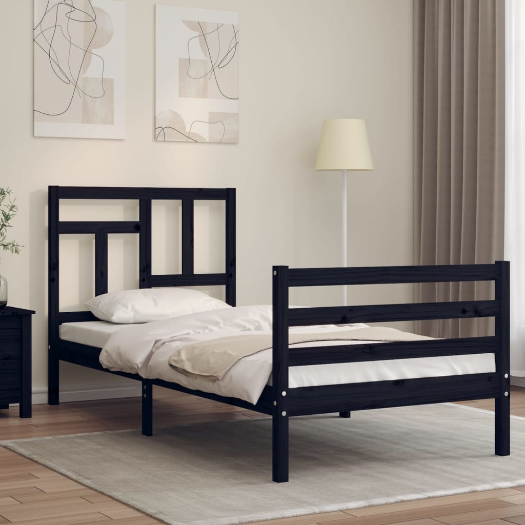 Berkfield Bed Frame with Headboard Black Small Single Solid Wood