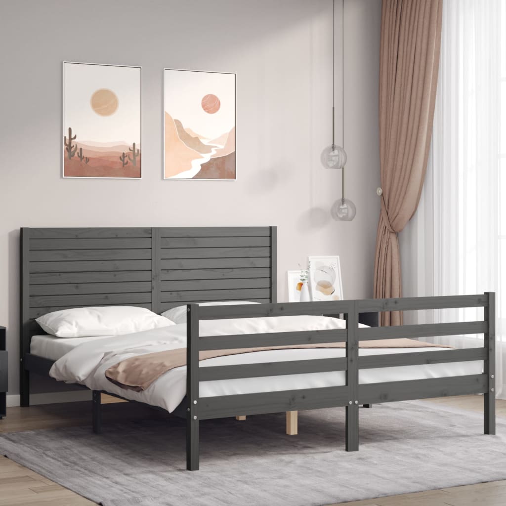 Berkfield Bed Frame with Headboard Grey King Size Solid Wood
