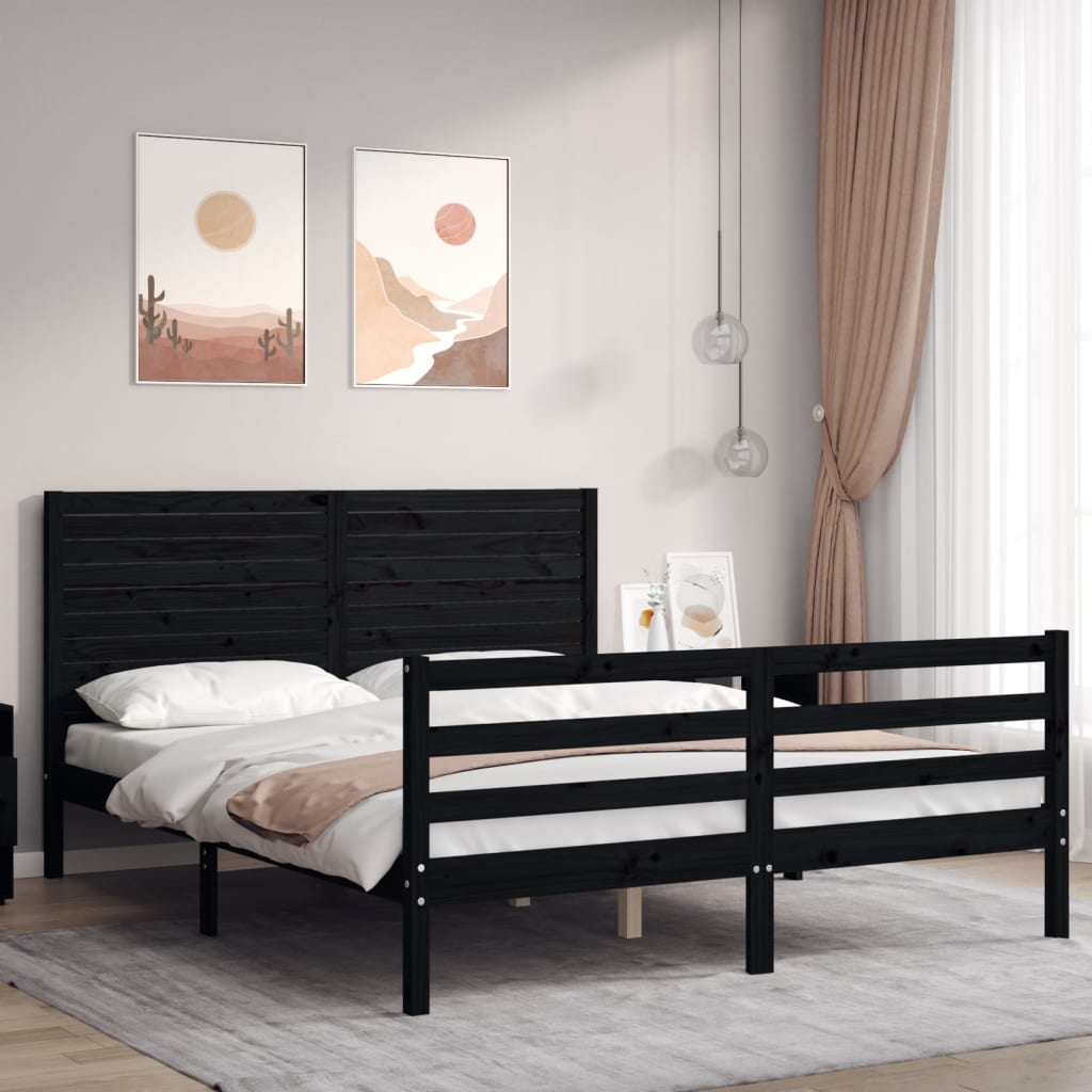 Berkfield Bed Frame with Headboard Black King Size Solid Wood