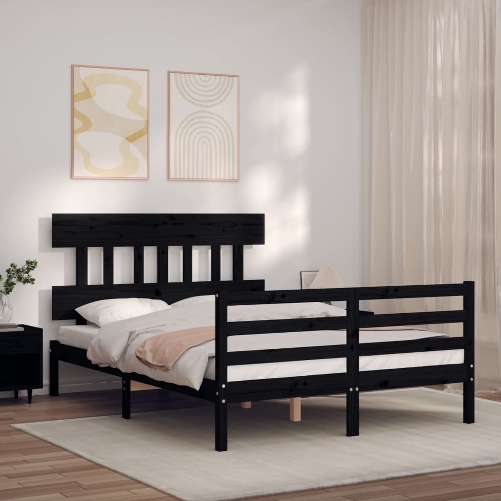 Berkfield Bed Frame with Headboard Black Double Solid Wood