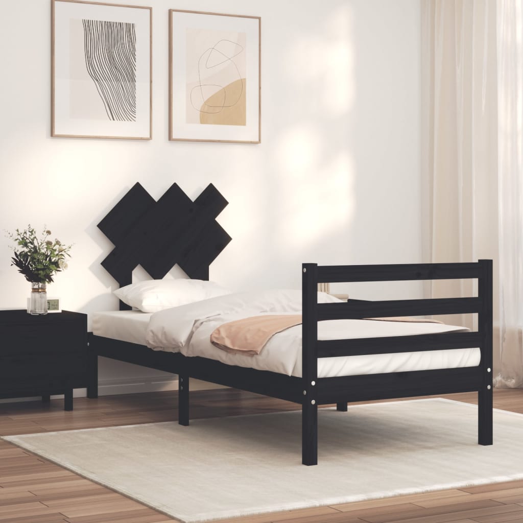 Berkfield Bed Frame with Headboard Black Small Single Solid Wood