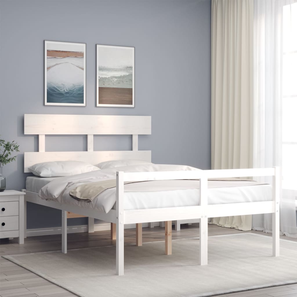 Berkfield Bed Frame with Headboard White Double Solid Wood