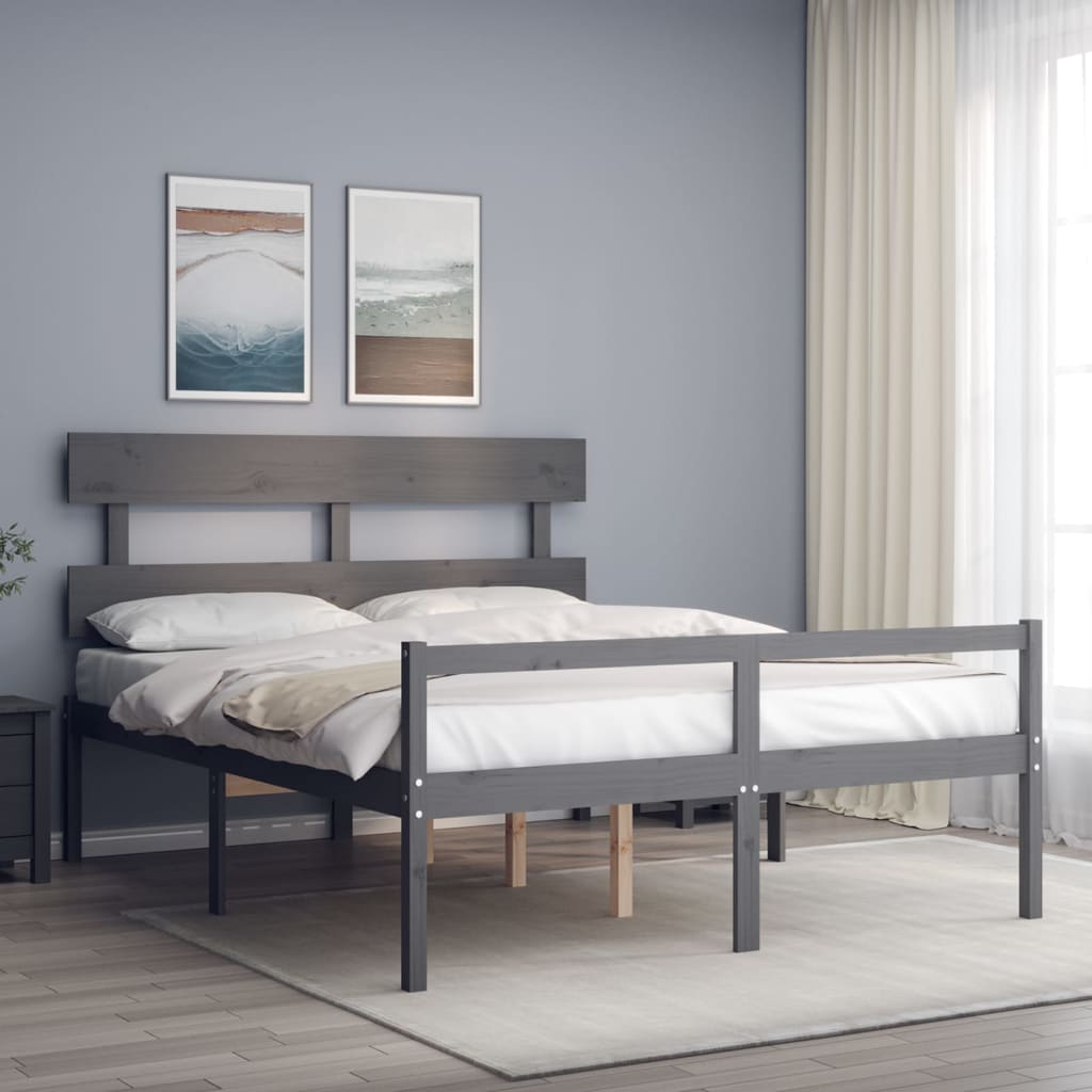Berkfield Bed Frame with Headboard Grey King Size Solid Wood