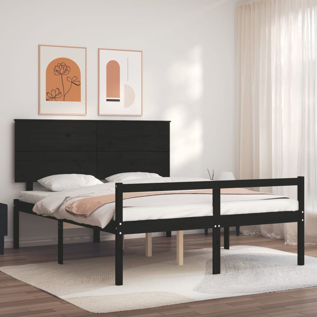 Berkfield Bed Frame with Headboard Black King Size Solid Wood