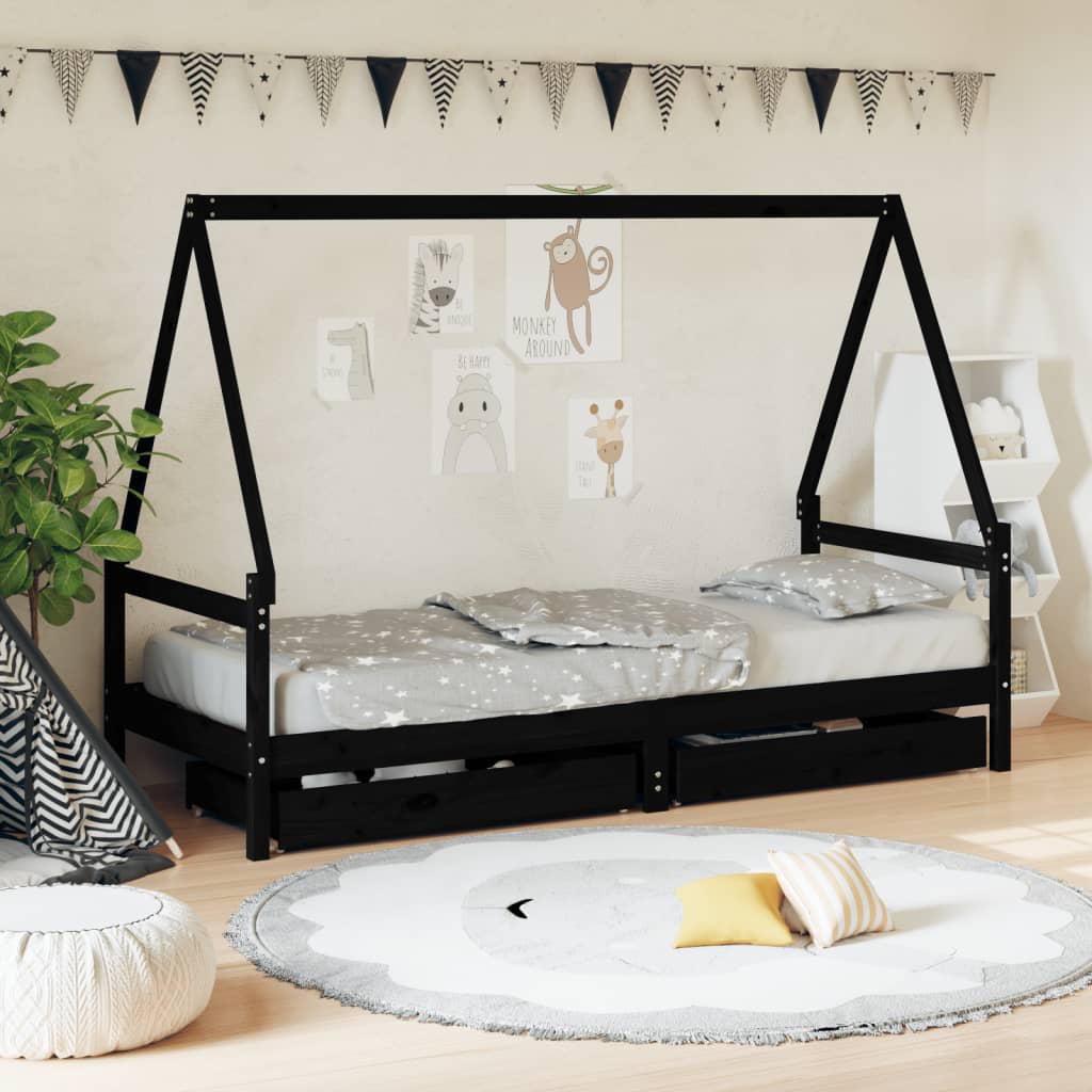 Berkfield Kids Bed Frame with Drawers Black 90x200 cm Solid Wood Pine