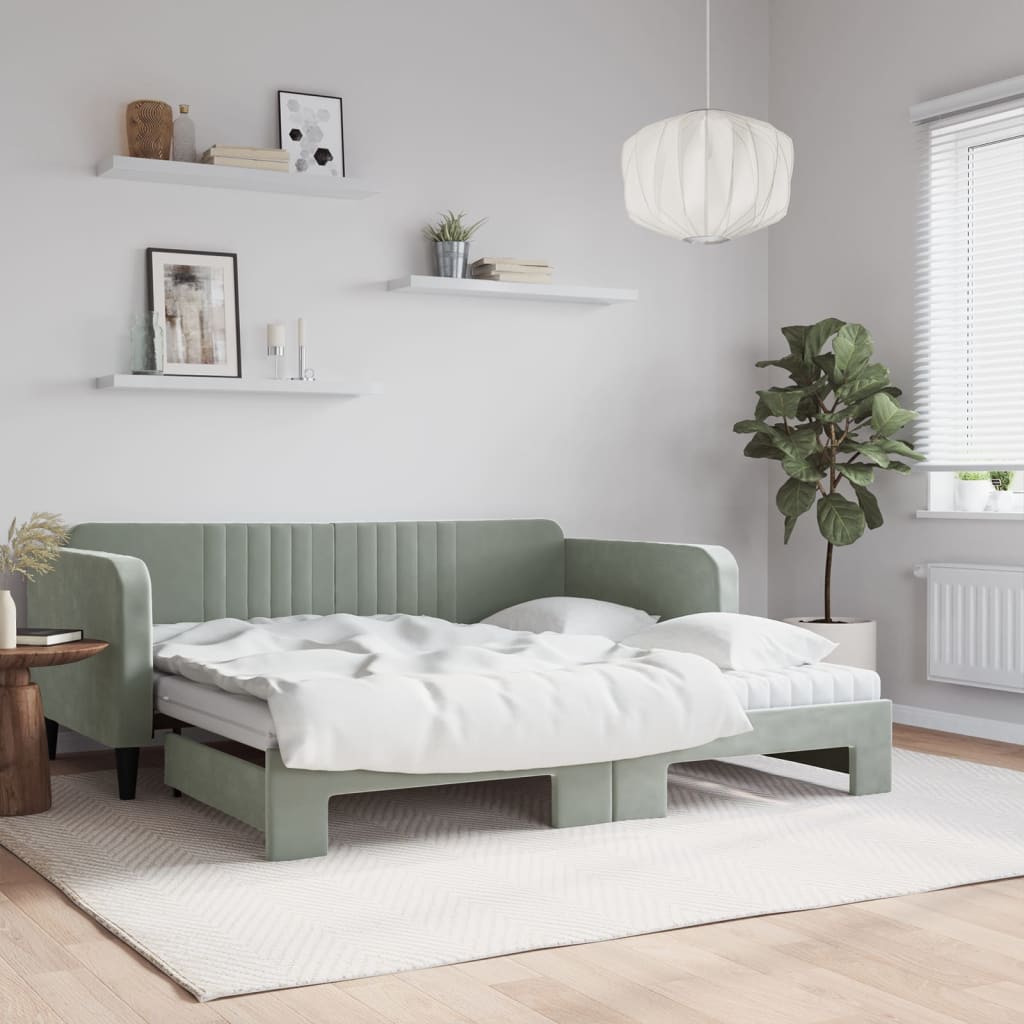 Berkfield Daybed with Trundle and Mattresses Light Grey 90x190 cm Velvet