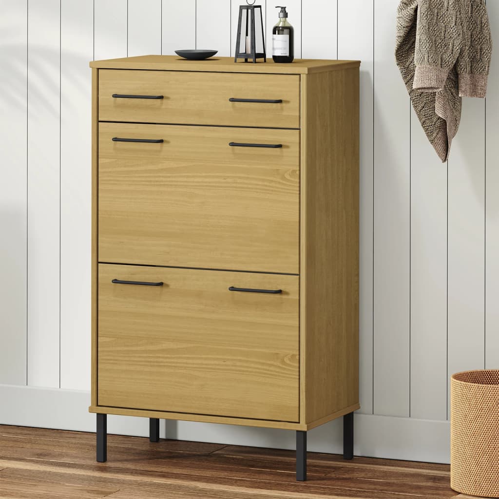 Berkfield Shoe Rack with Metal Legs Brown Solid Wood Pine OSLO