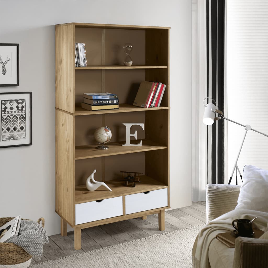 Berkfield Bookcase OTTA with 2 Drawers Brown and White Solid Wood Pine